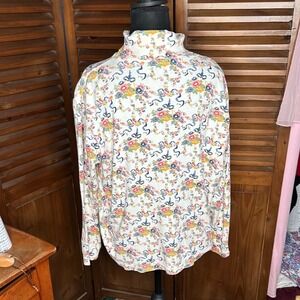 Vtg Womens Floral Ribbon Turtleneck Shirt White Pink Blue Yellow Cottagecore